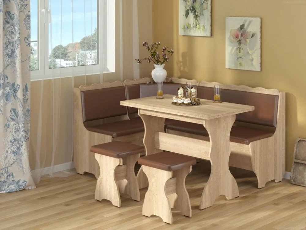 Super Cena Rohová lavice GRAF SET, dub sonoma, koženka hnědá stůl a taburety v ceně