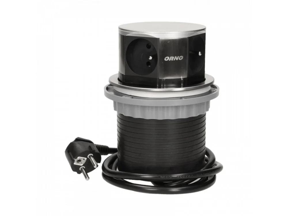 Tovární Cena ORNO zásuvka elektro stolová výsuvná nízká 100mm- 4x zásuvka + kabel nerez