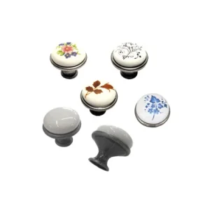 Zlevněný nábytková retro úchytka, porcelánová knobka s kovovou podstavou, starostříbro, průměr 27mm