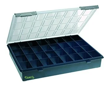 Zlevněný Organizér plastový prázdný 32-ti dílný, rozměry 338x260x57mm (32 přihrádek 55x39mm)