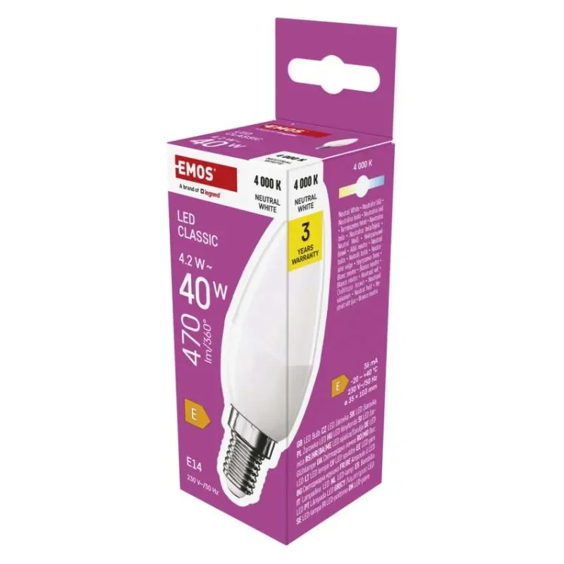 Doprava Zdarma LED žárovka Classic svíčka / E14 / 4,2 W (40 W) / 470 lm / neutrální bílá
