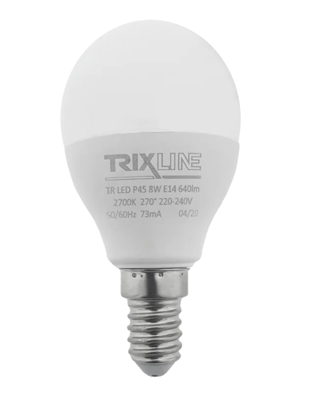 Značkový LED žárovka Trixline 8W E14 P45 teplá bílá