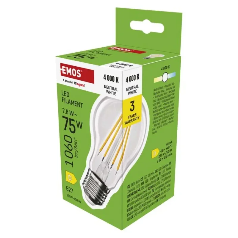 LED žárovka Filament A60 / E27 / 7,8 W (75 W) / 1060 lm / neutrální bílá Zlevněný