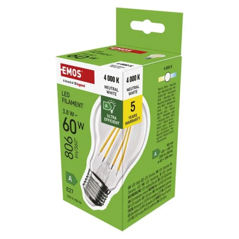 LED žárovka Filament A60 A CLASS/ E27 / 3,8 W (60 W) / 806 lm / neutrální bílá Časově Omezené