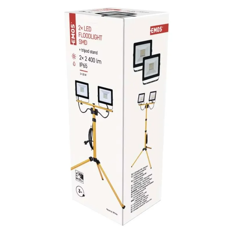 Značkový LED reflektor HOBBY SLIM, 2× 30W + trojnožka, žlutý, neutrální bílá